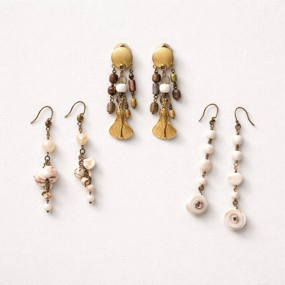 Lot Of 3 Sea Shells Glass Gold Tone Earrings